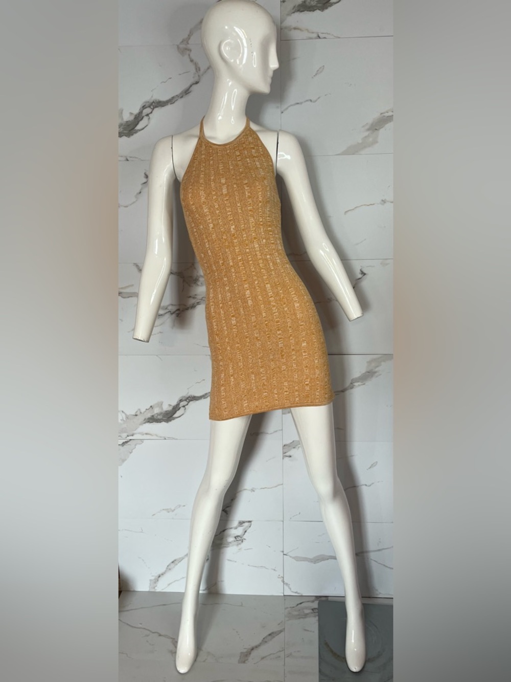 NWT ASTR Halter Knit Ribbed Bodycon Stretch Mini Dress Mustard Size S